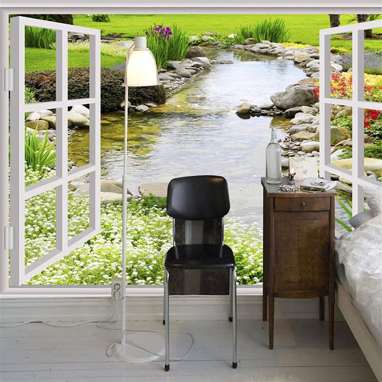 Pegatinas de Pared Impermeable Mural Papel pintado 3D Río Piedra Ventana Jardín Paisaje Paisaje Pintura de Pared Sala de estar Pegatina de cocina (no autoadhesivo /autoadhesivo) Adhesivos Pared