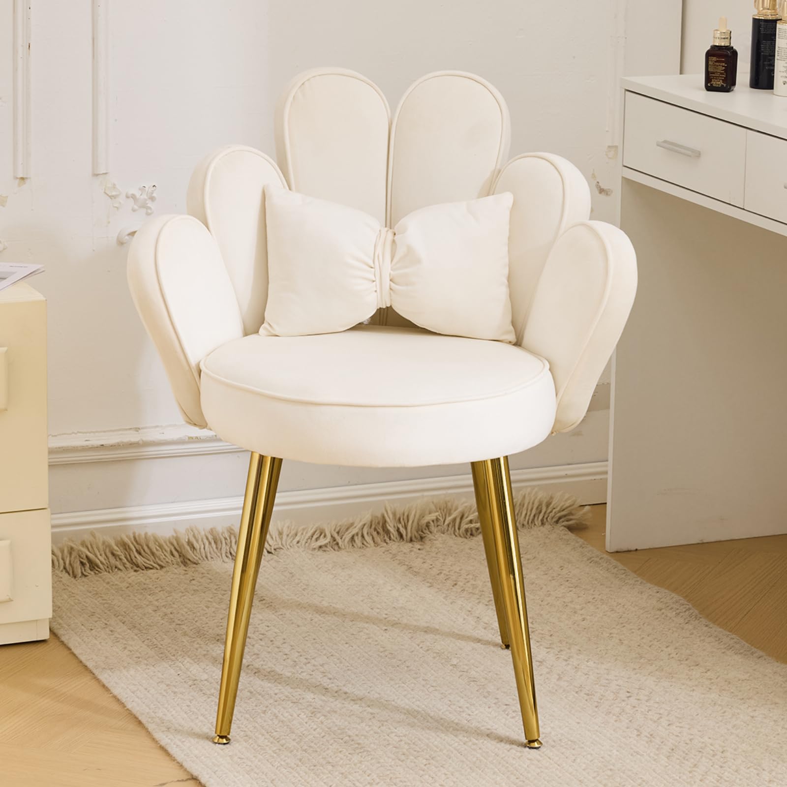Fauteuil Salon, Chaise Coiffeuse, Dossier en Forme de Pétale, Fauteuil Chambre avec Coussin, Pieds en Métal (Blanc)