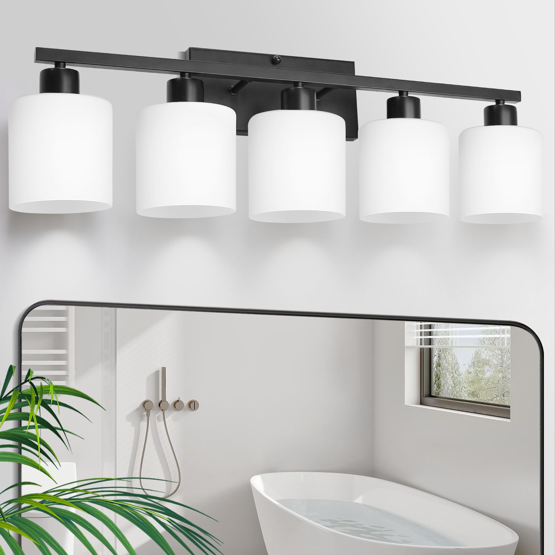 CANMEIJIA 5-Light Bathroom Vanity Light Fixtures, Matte Black Vanity Wall Scones Lighting for Bedroom Living Room, Modern Vanity Lights with Milky White Glass Shades, E26 Socket, Bulbs Not Included