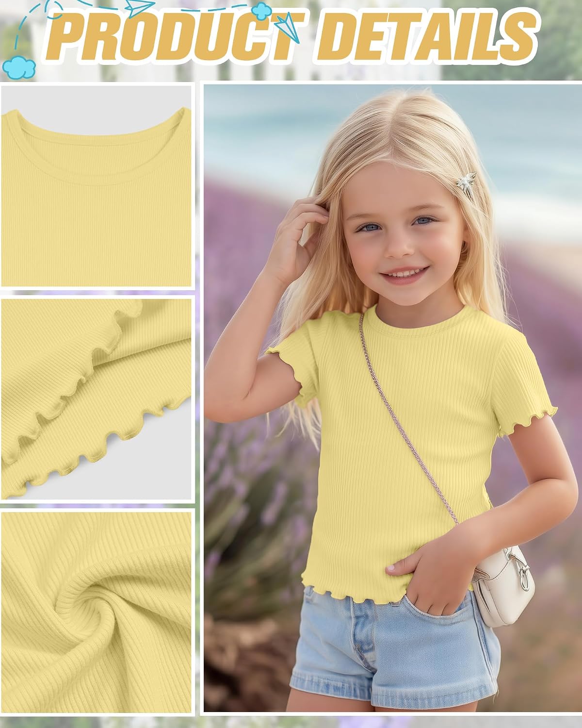 5 Pack Toddler Girl T Shirts Crew Neck Short Sleeve Ribbed Tops Baby Girls Lettuce Trim Cotton Shirts 18M-5T