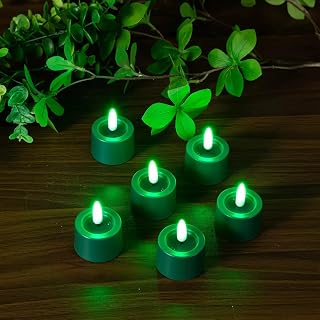 Simplelight Green Tea Lights Candles Battery Operated –Pack of 12 Realistic Black Wick LED Tea Lights with Timer for Advent Wreath, Christmas, Saint Patrick’s Day Battery Included (Green)