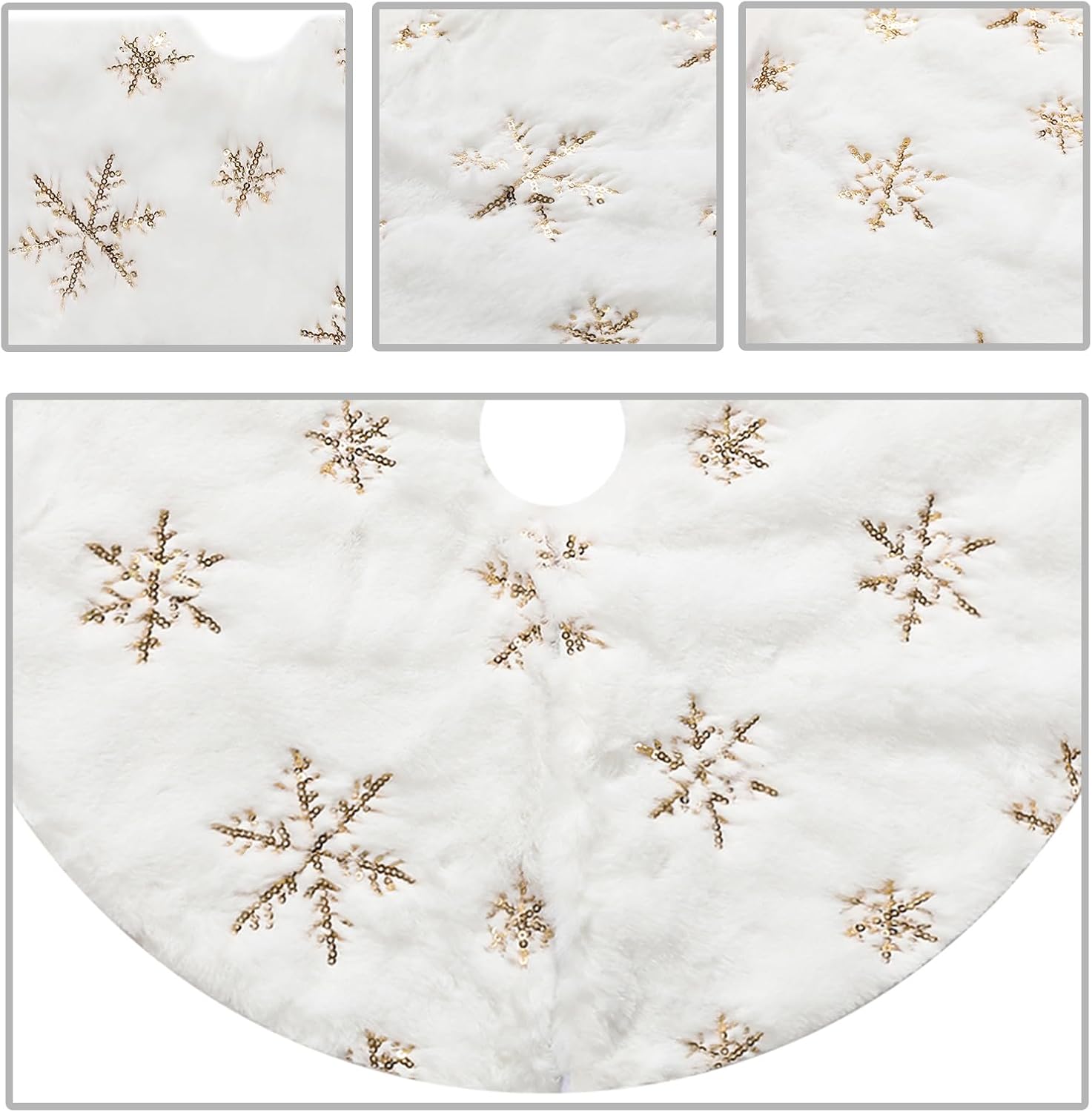 18" Mini Christmas Tree Skirt, White with Gold Sequin Snowflakes image 3