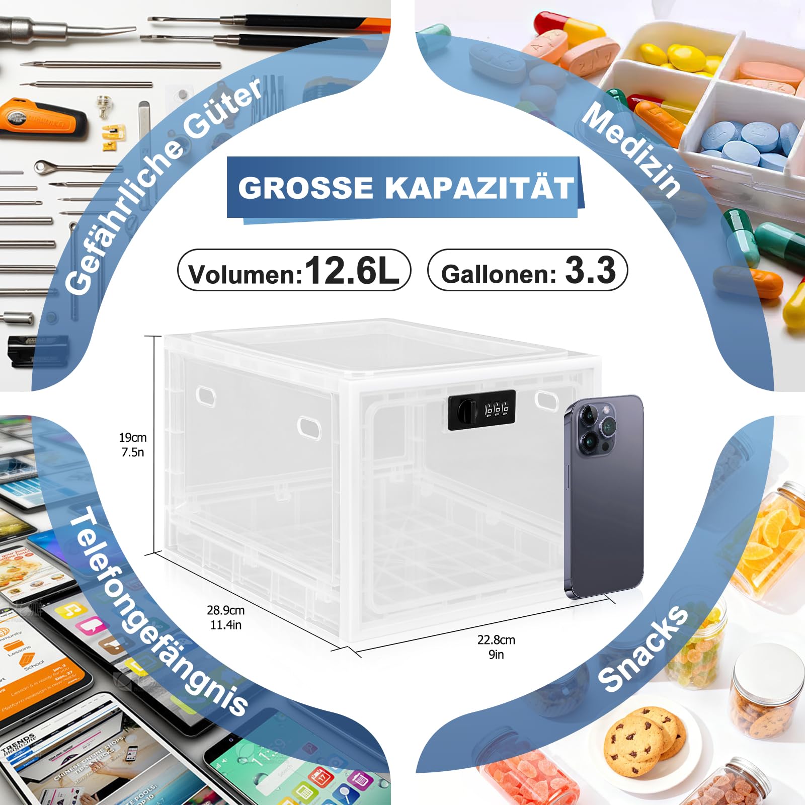 Gemaxvoled Abschließbare Box– Transparente Medikamentenbox zur Kindersicherung, Handy-Sperre & Snack-Kontrolle – BPA-freies Material, 12,6 Liter Fassungsvermögen, stapelbar & belüftet