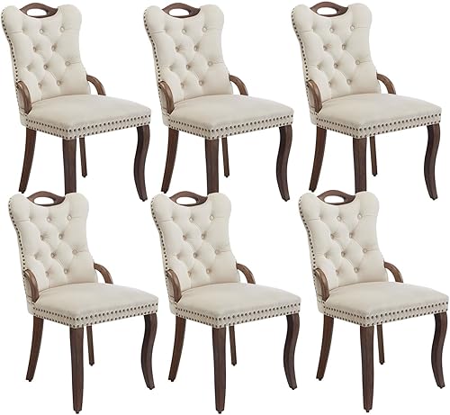 Miniatura 22 de Juego de 4 sillas de comedor de terciopelo beige, sillas tapizadas modernas para comedor con respaldo capitoné y acentos de madera, patas curvas de