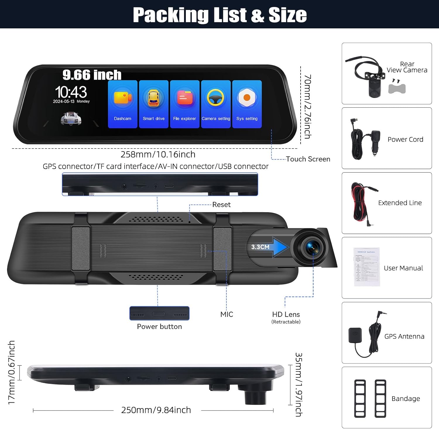 CAMECHO 9.66" 4K Mirror Dash Cam with ADAS, BSD and LCA, Rear View Mirror Camera with WiFi and GPS, Touch Screen Rearview Mirror Backup Camera, Night Vision, G-Sensor, Reverse Assist
