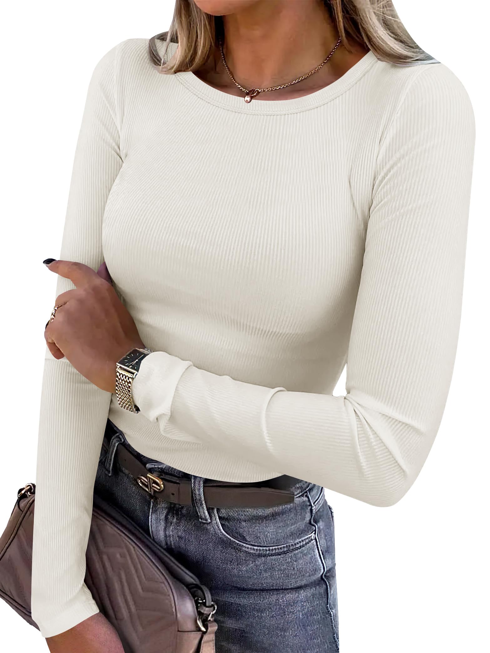 ANRABESS Women Long Sleeve Shirts Rib Knit Slim Fit Tops Basic Tee Spring Outfits Casual T-Shirt Underscrubs Layer Clothes