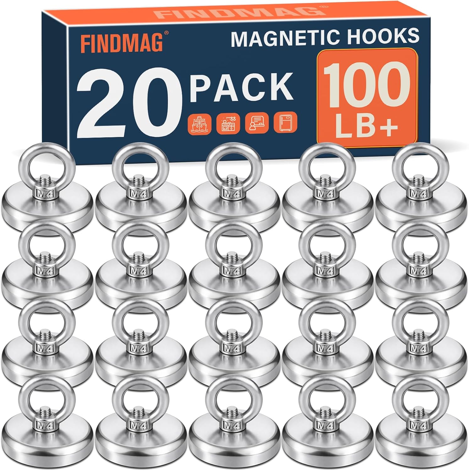 FINDMAG 100 LB Heavy Duty Magnet Hooks, 20 Pack Outdoor Magnetic Hangers for Cruise Ship Essentials, Strong Magnets with Hooks for Hanging on Workshop Organization, Magnetic Key Holder for Fridge