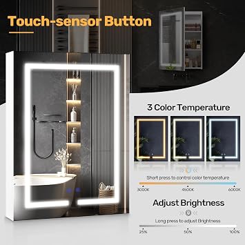 Bathroom Mirror Cabinet 600 x 800 mm with LED Lights, Touch Control, 3 Colour Dimmable Illuminated Mirror, Demister Pad & Shaver Socket