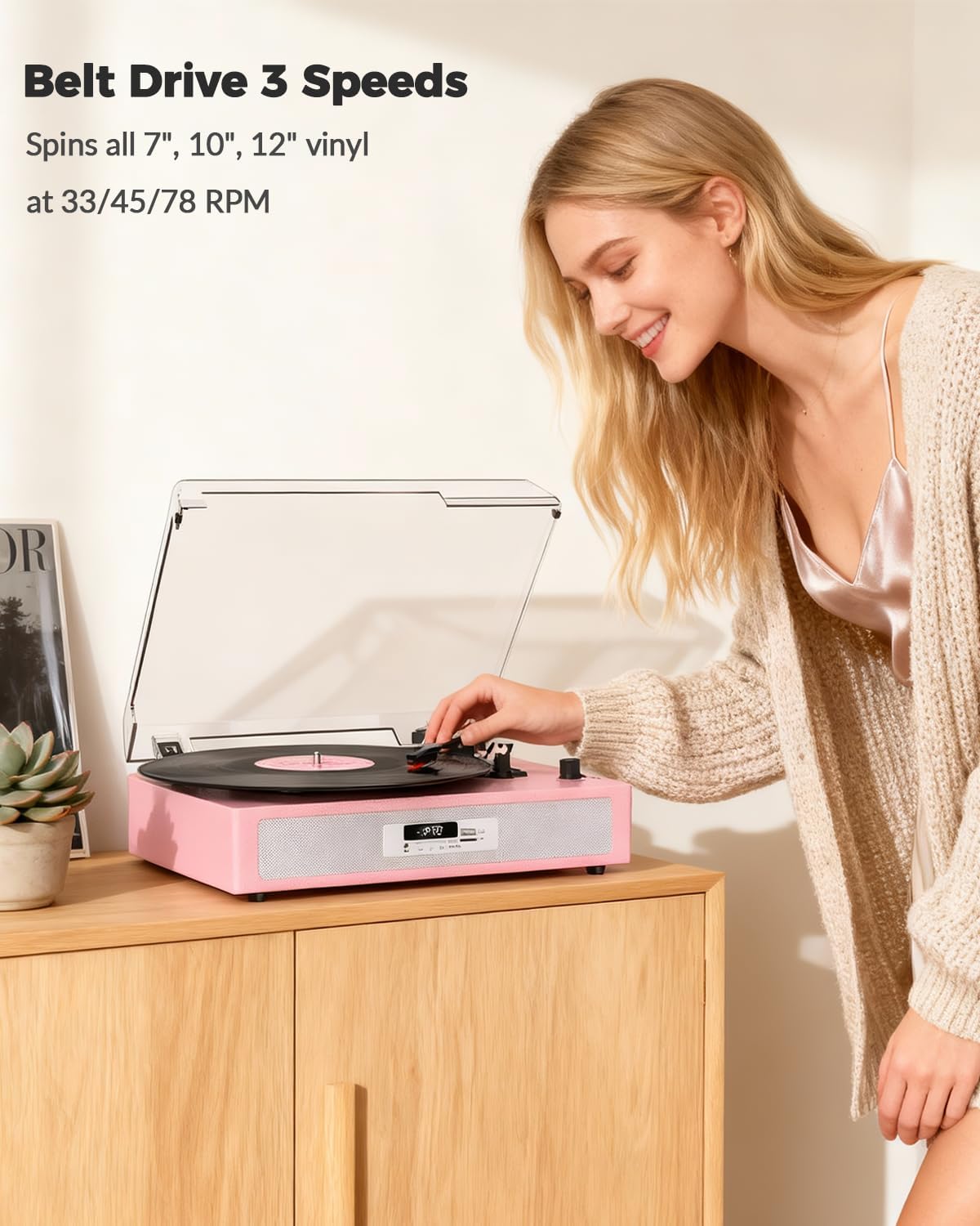 Vinyl Record Player with Built-in Dual Stereo Speakers, Vintage 3-Speed Turntable, Bluetooth Record Player with EQ Sound Modes, USB/TF Recording & Playback, LED Display, RCA & AUX Jack – Pink