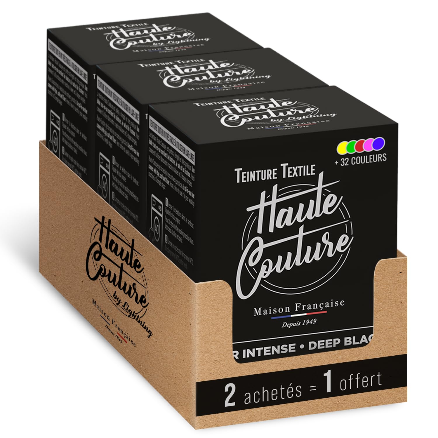 Haute Couture - Teinture Textile Tout-en-Un - Noir Intense - 3x350g | Prêt à l'Emploi - Teinture Machine à Laver - Coton, Lin, Soie & Viscose - Plus de 33 Couleurs Disponibles - Intense & Durable