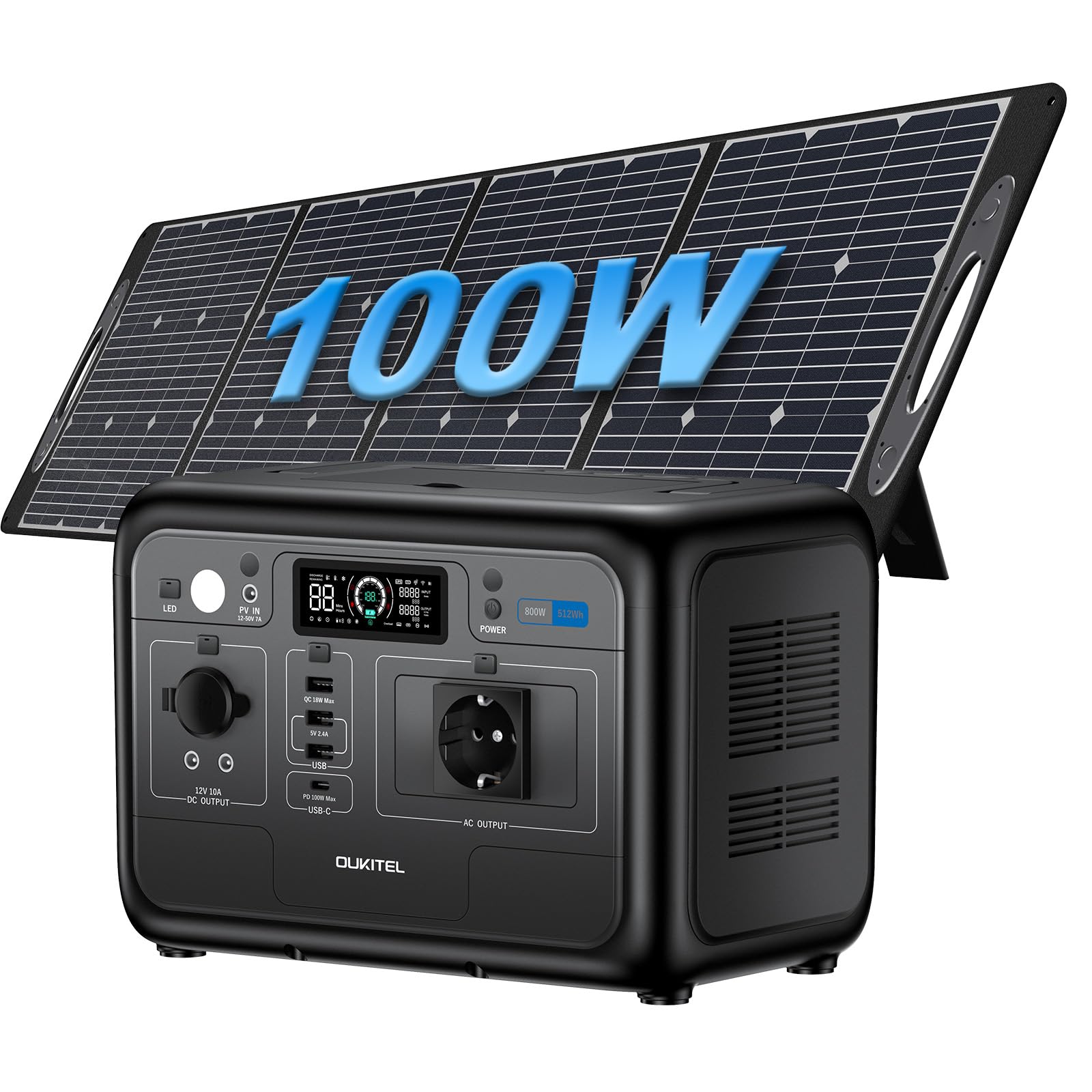 OUKITEL P800E Estación de Energía Portátil 512Wh con Panel Solar 100Wx1 | Generador Solar 800W Salidas AC (Pico 1600W) LiFePO4 Carga Rápida en 1 Horas, Power Station Para Camping, Viajes, Emergencias