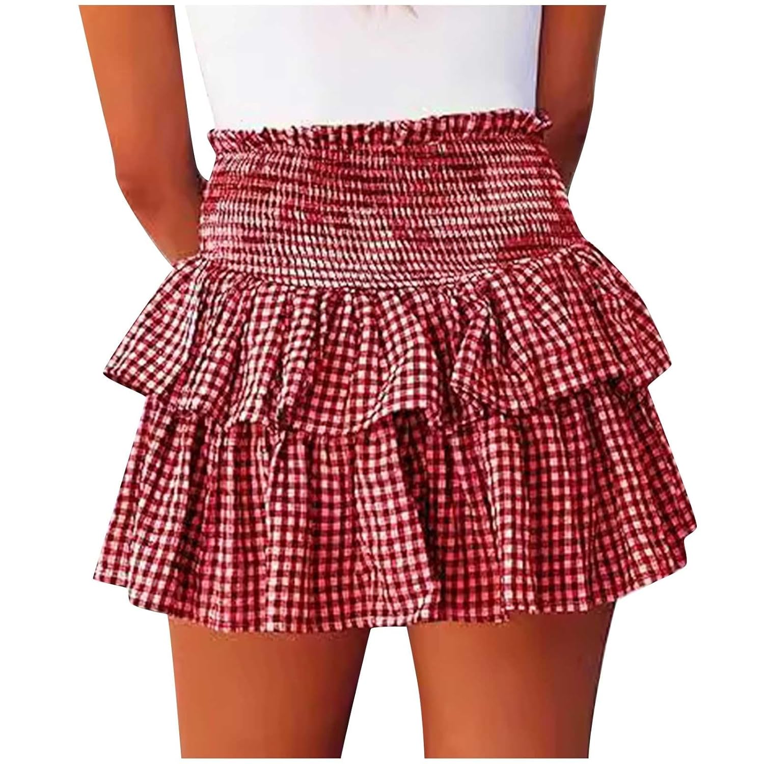 Womens Y2K Gingham Skirt Plaid Ruffle High Waist A-Line Cake Mini Skirts with Tiered Hem Casual Fashion Skirts