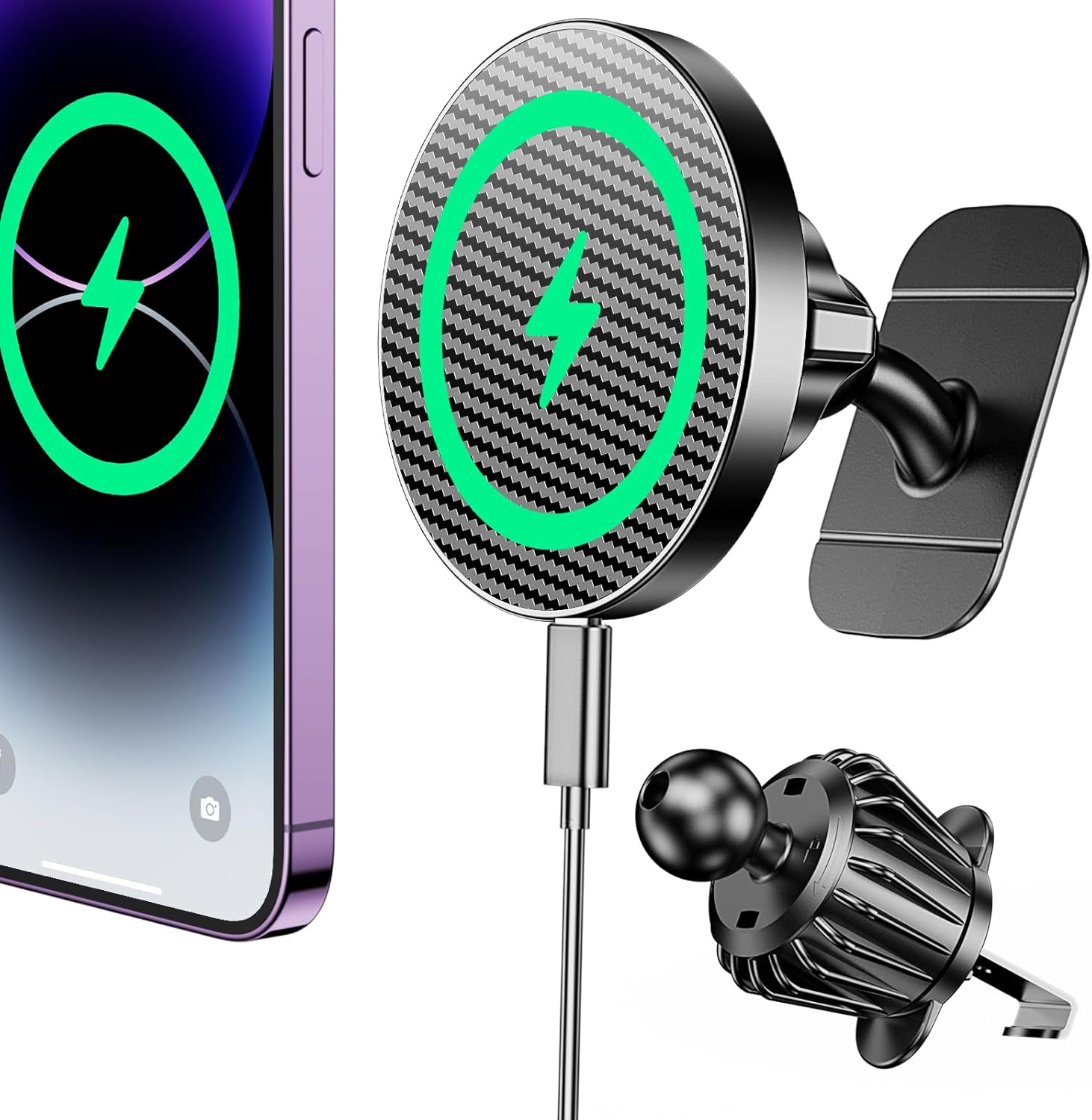Coolpow for Magsafe Car Mount Charger【100% Stable】15W Magsafe Car Charger Magnetic Phone Holders for Your Car Accessories for Women Men car Phone Holder Wireless Car Charger for iPhone (Carbon Fiber)