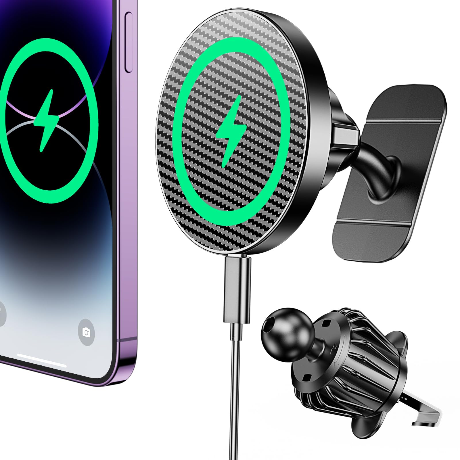 Coolpow Cargador de coche Magsafe 100% estable: cargador de coche Magsafe de 15 W, soportes magnéticos para tu coche, accesorios para mujeres, hombres, soporte de teléfono de coche, cargador
