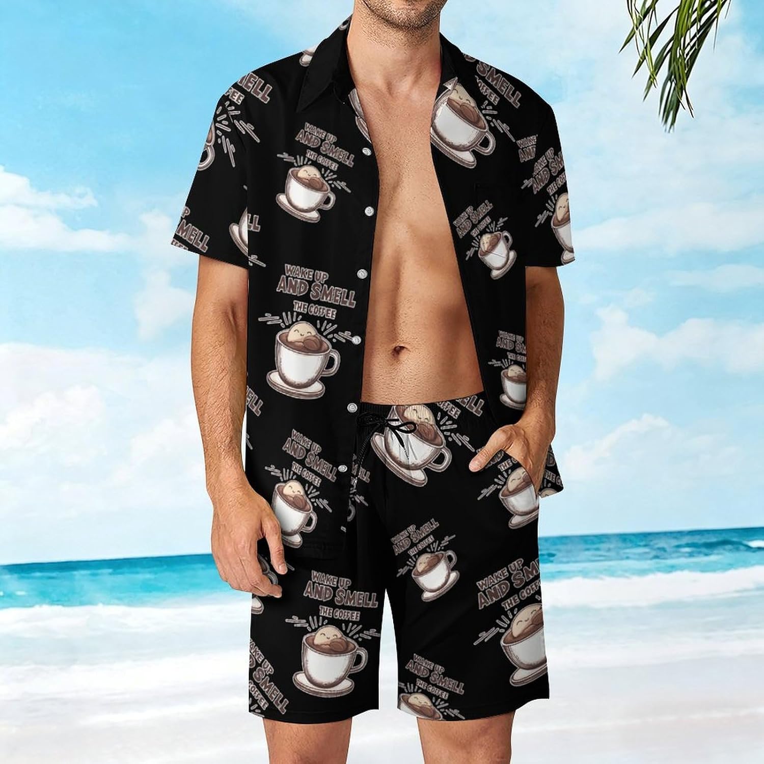 Wake Up And Smell The Coffee Summer Mens Vacation Outfits Beach Shirts Shorts Matching Set