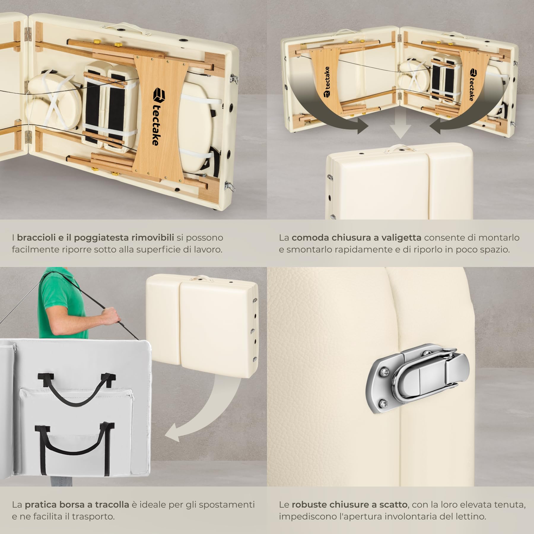 tectake® Lettino Massaggio portatile, Morbida Imbottitura, Poggiatesta, letto pieghevole, Legno, lettino estetista, fisioterapia, Lettino Tattoo - Beige