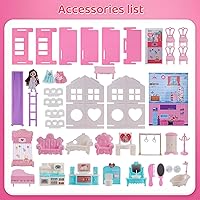 Vista 3 de Casa de muñecas, con sala de estar, dormitorio, baño, muebles de cocina, casa de muñecas de doble cara con 1 muñeca, 3 juegos de ropa, luces