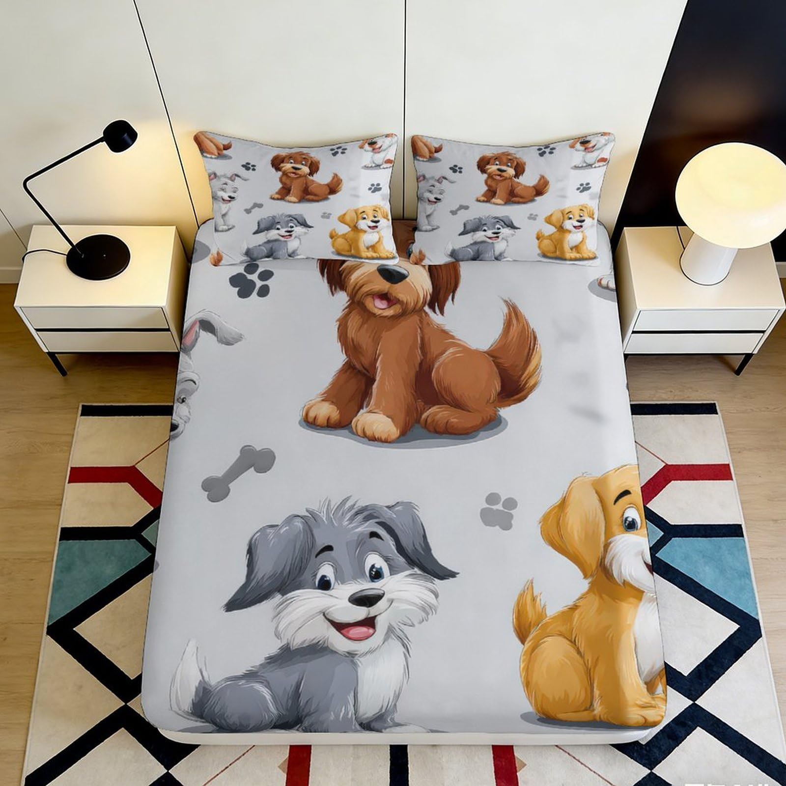 3D Printed Cartoon Dog Fitted Sheet Microfiber Soft Breathable Bone Paw Bed Cover for Bedroom Dorm Mattress Protection Decor 90x200x25cm