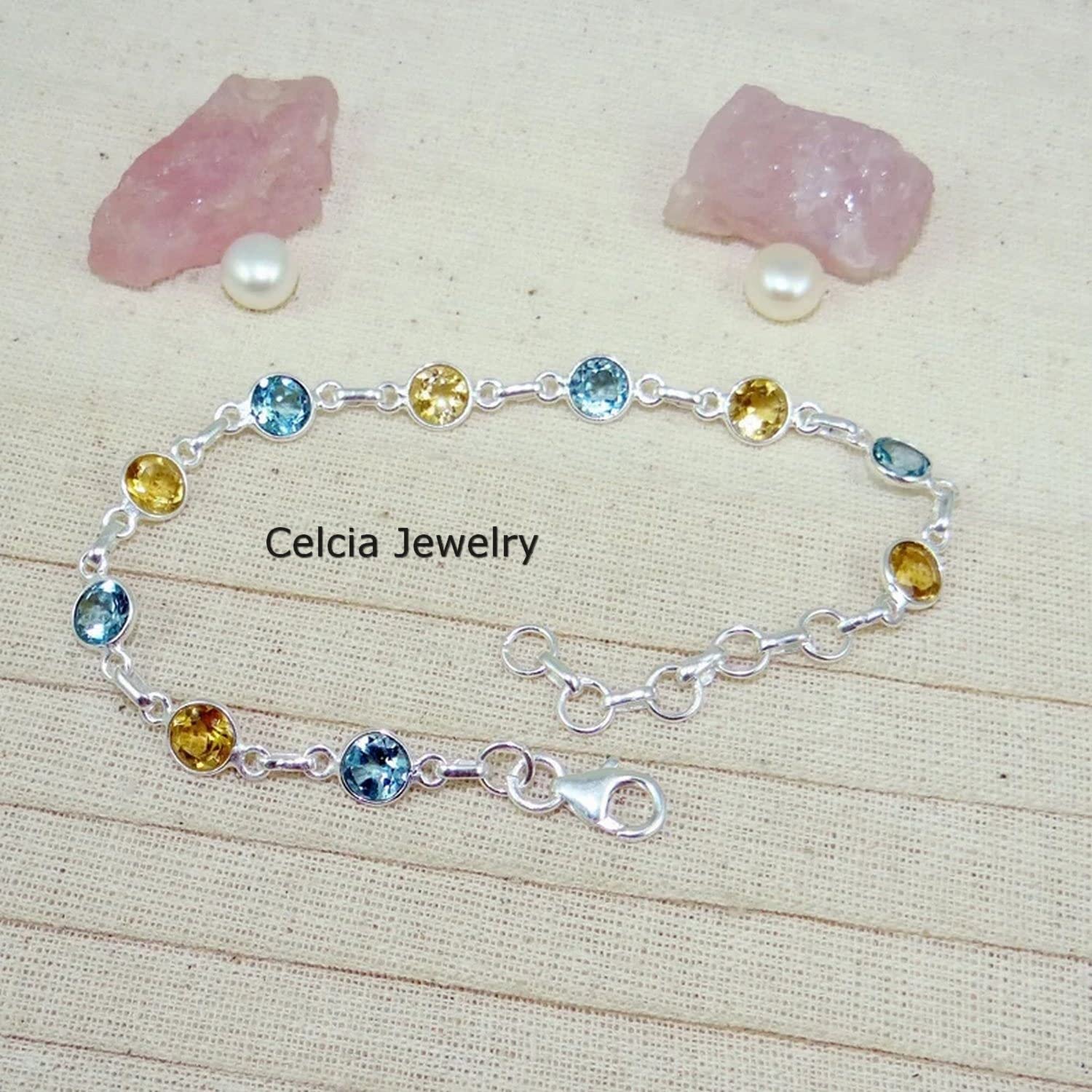 Pulsera de plata de ley 925 maciza para hombres y mujeres, topacio azul genuino y citrino, múltiples piedras preciosas, pulsera única hecha a mano para ella