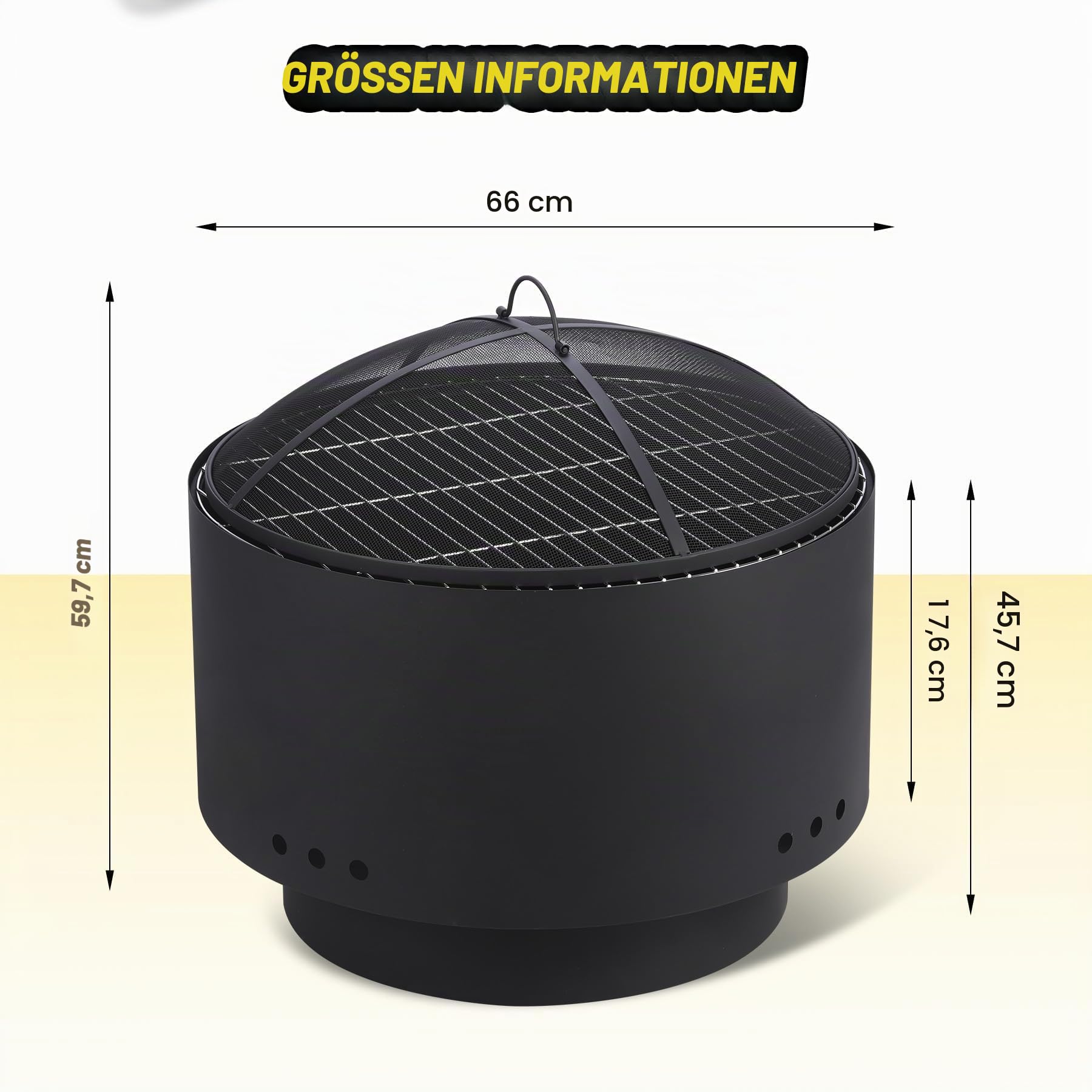 Feuerschale mit Grillrost, Ø60cm Feuerkorb mit Funkenschutz, Groß Feuertonne für den Garten mit Schürhaken & Tragetasche, Solide Holz & Kohle Feuerstelle inkl. für Outdoor BBQ Heizung 66x66x60cm
