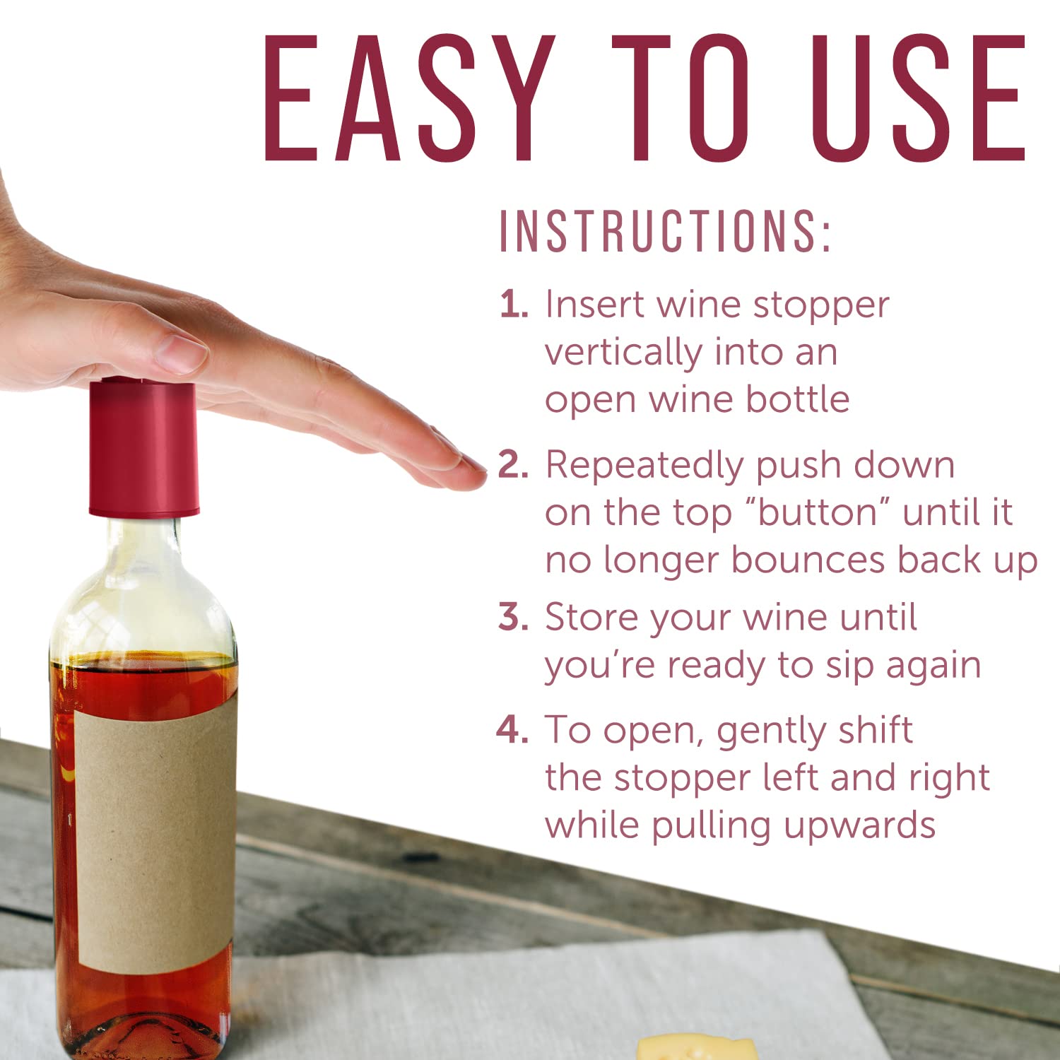 Tapón de vino al vacío, a prueba de fugas, ahorra vino para otro día, sellado al vacío para mayor frescura, gran regalo para los amantes del vino (plástico rojo, 4)
