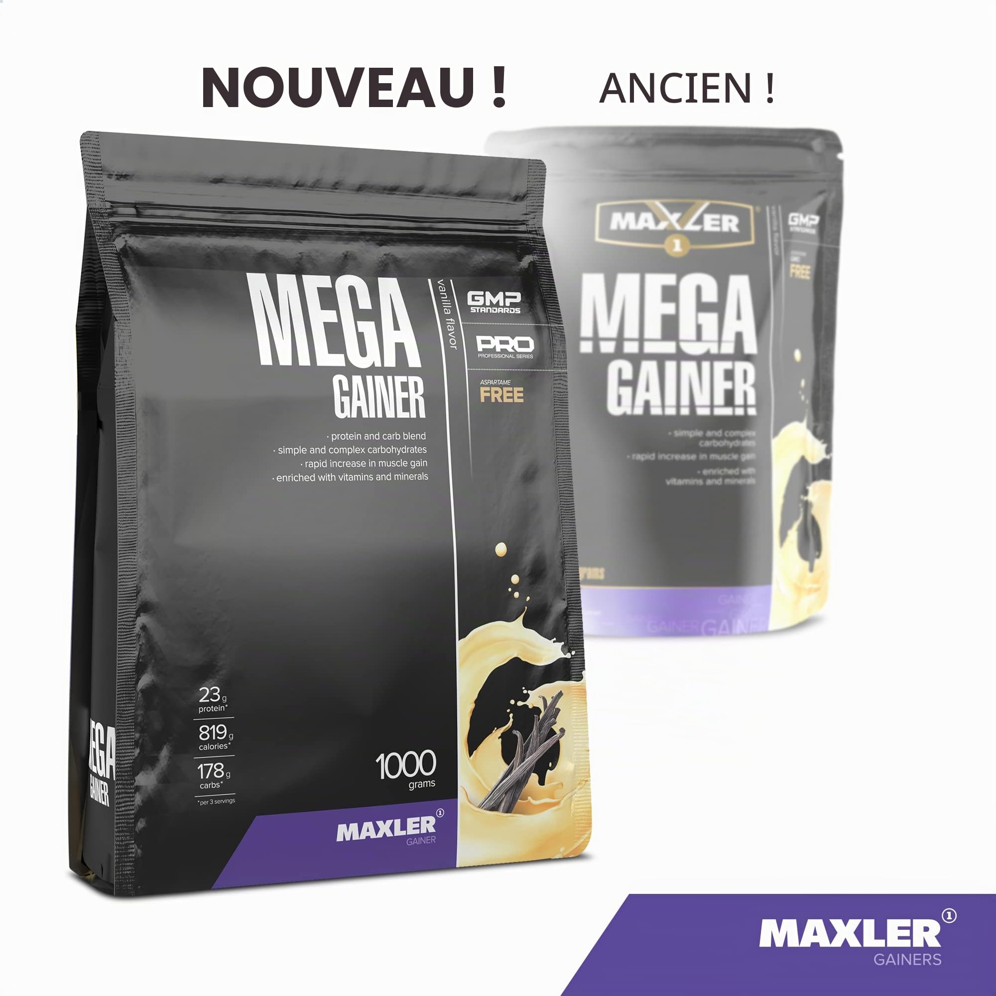 Maxler Mega Gainer - Gain de poids pour développer les muscles - Vanille - 1000g - combinaison de protéines, glucides, vitamines et minéraux - 10% de protéines de lactosérum - shake riche en calories