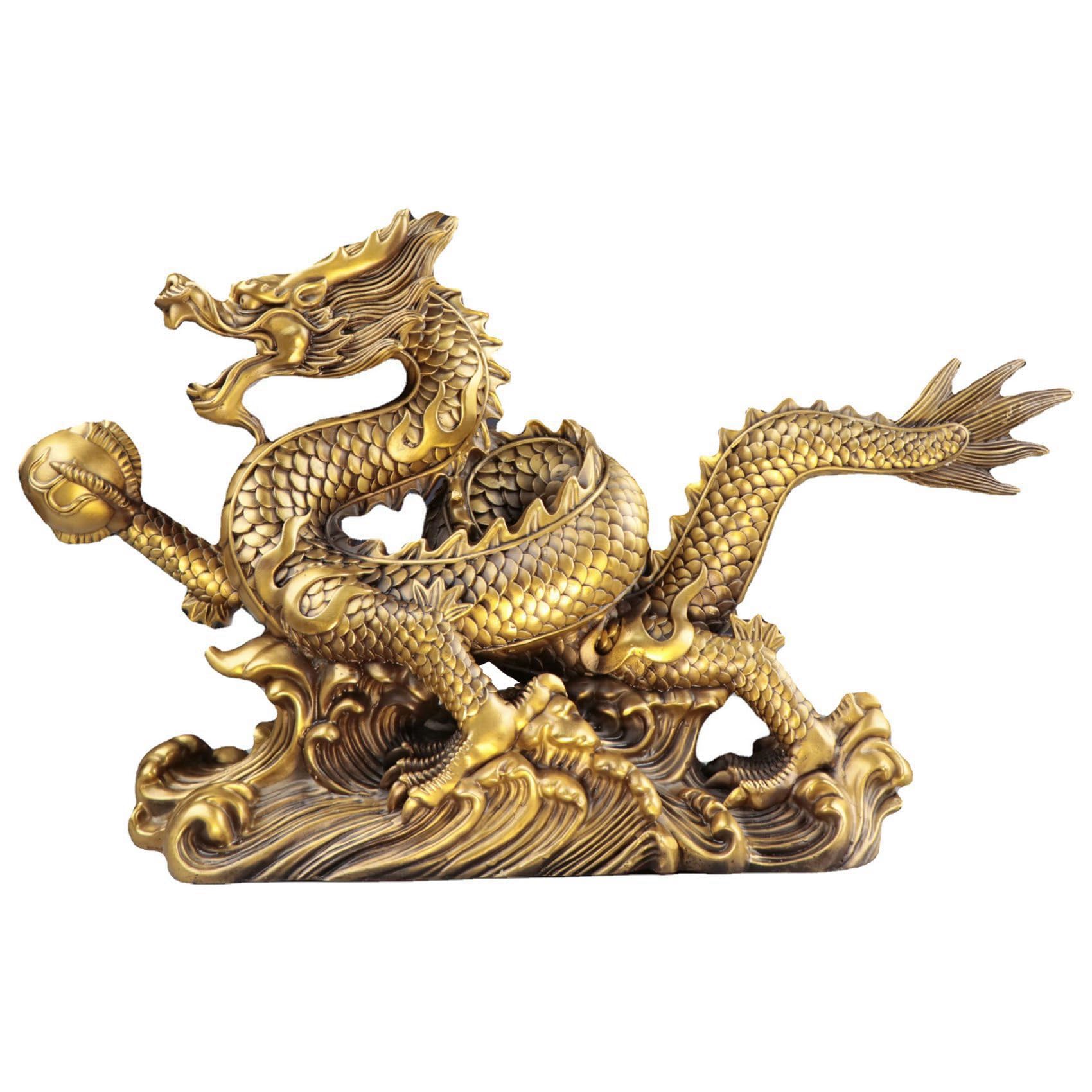 Qarmijaer Brass Chinese Feng Shui Dragon Statue Decor for Wealth and Success Good Lucky Gifts, Gold Yellow