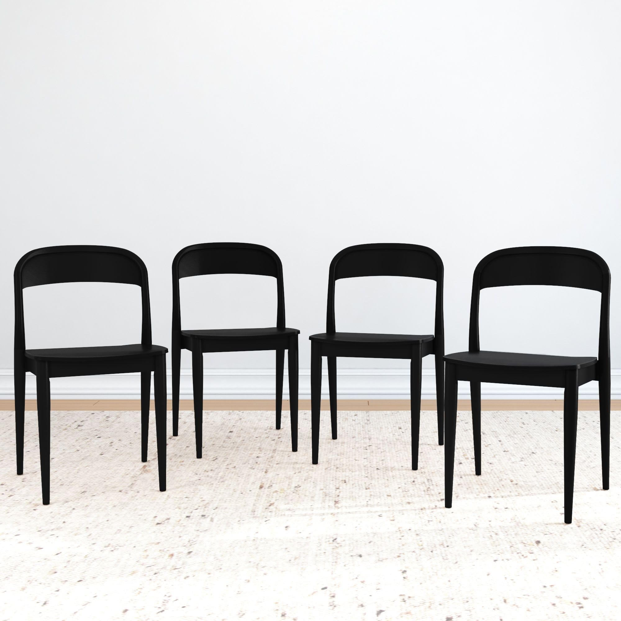 Plank+Beam Loar Dining Chair (4-Pack) - Mid-Century Rubberwood and Engineered Wood with Curved Backrest, Easy Assembly, Black