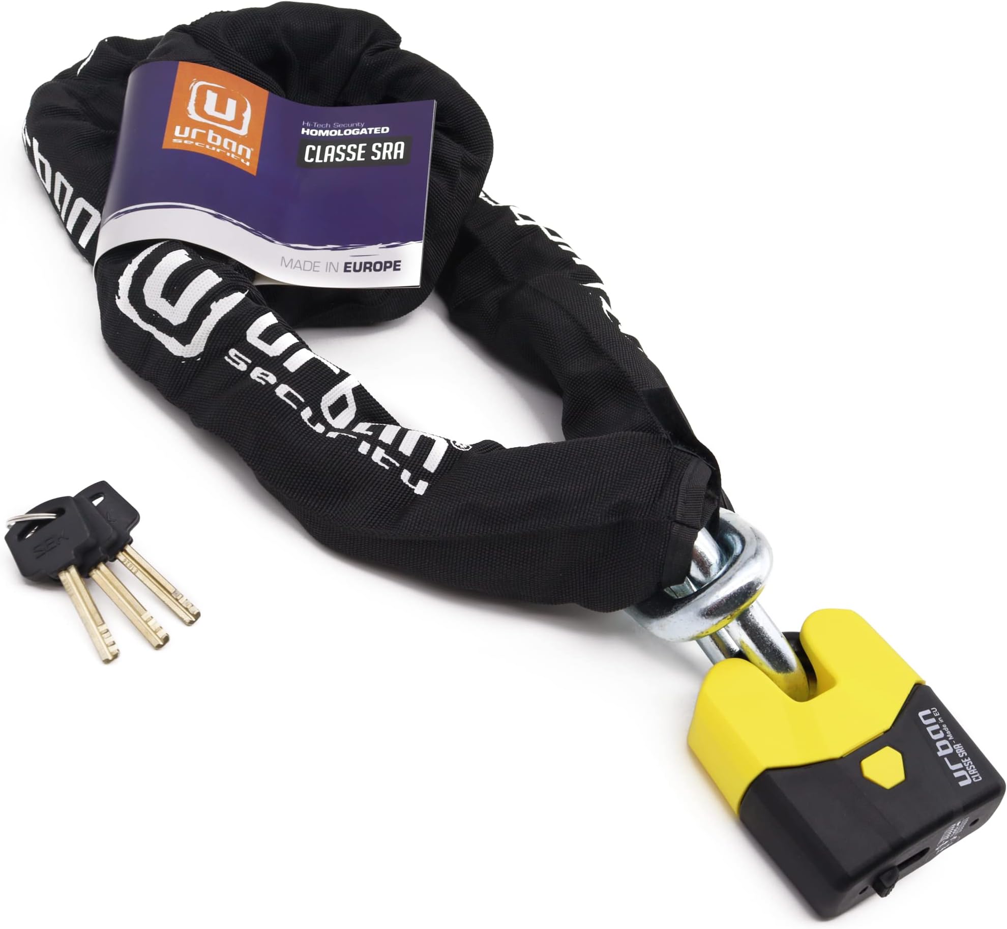 Urban U8K150 Heavy Duty Motorcycle Chain Lock, High-Security SRA Approved, Hardened Steel Links ø15, Double Locking Mechanism, Anti-Pick Anti-Drill, 150cm Anti Theft for Moto Scooter Garage Anchor