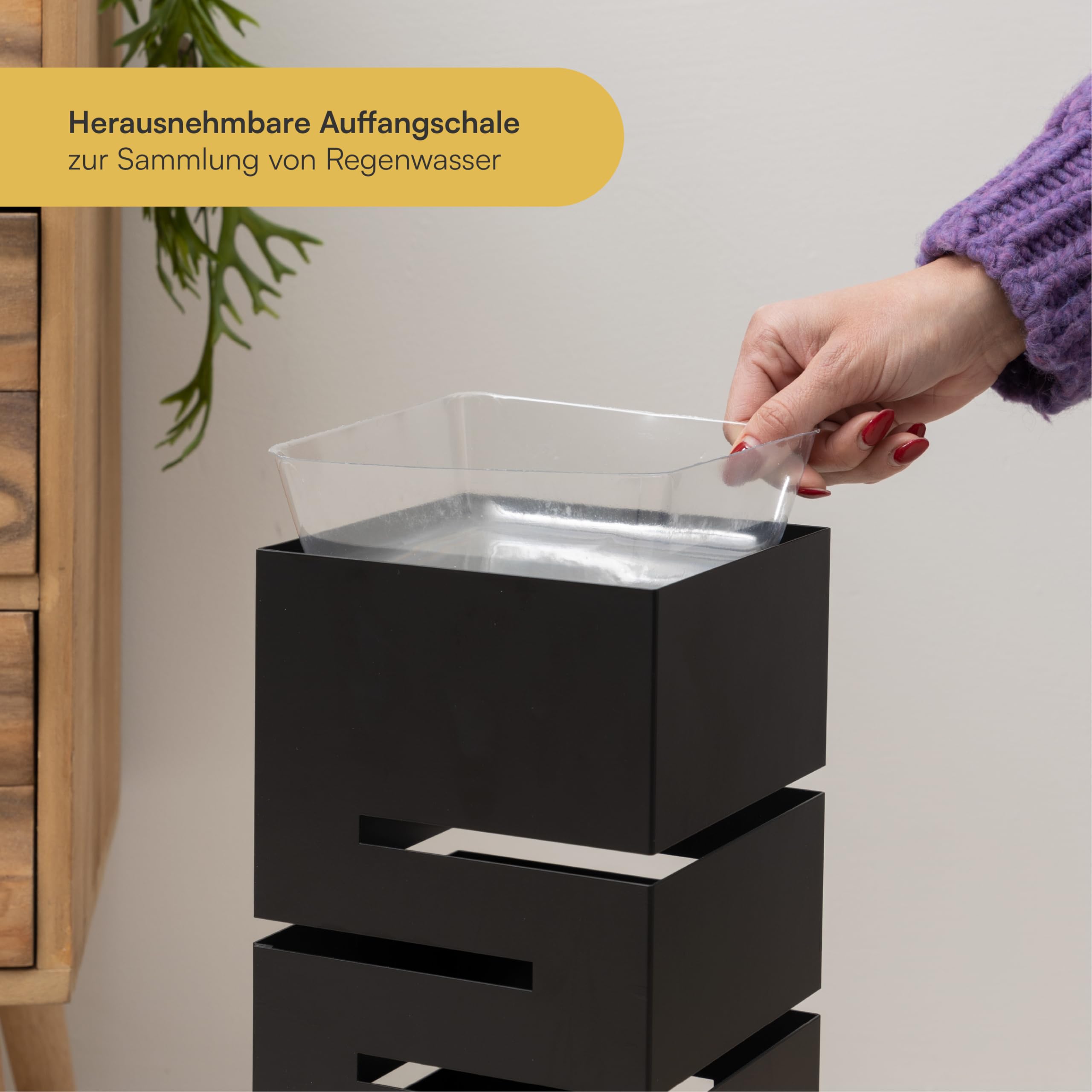 Baroni Home Schirmständer mit modernem Design aus Metall mit geometrischer Schnitzerei - Schirmständer mit Haken und abnehmbarem Auffangfach für Heim- und Bürodekoration, Taupe, 15,5x15,5x49 cm
