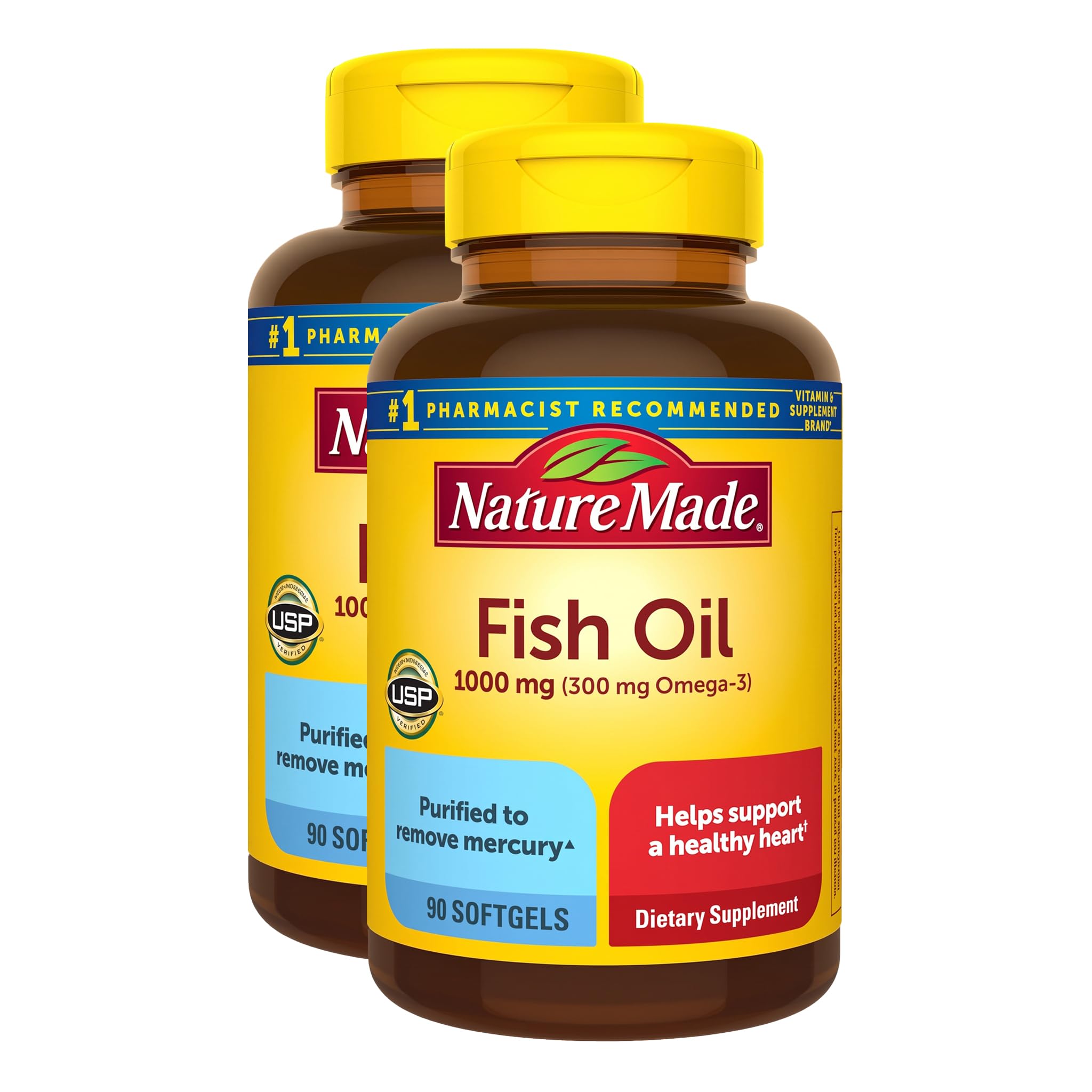 Nature Made Fish Oil Omega 3 Supplements, 1000 mg Softgels, Omega 3 Fish Oil for Healthy Heart Support, 90 Softgels, 45 Day Supply (Pack of 2)