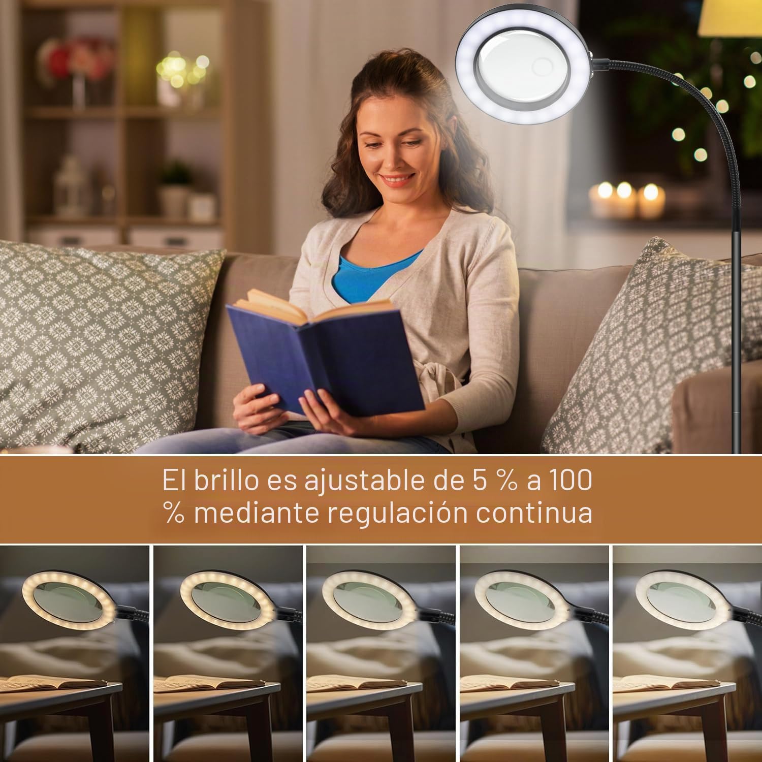 Lupa con Luz y Soporte de Aumento 5X 10X, Lampara Lupa de Piso Dimable con 36 LED, Lupas de Gran Aumento de 2 en 1 con Brazo Flexible Ajustable para Lectura, Costura, Manualidades