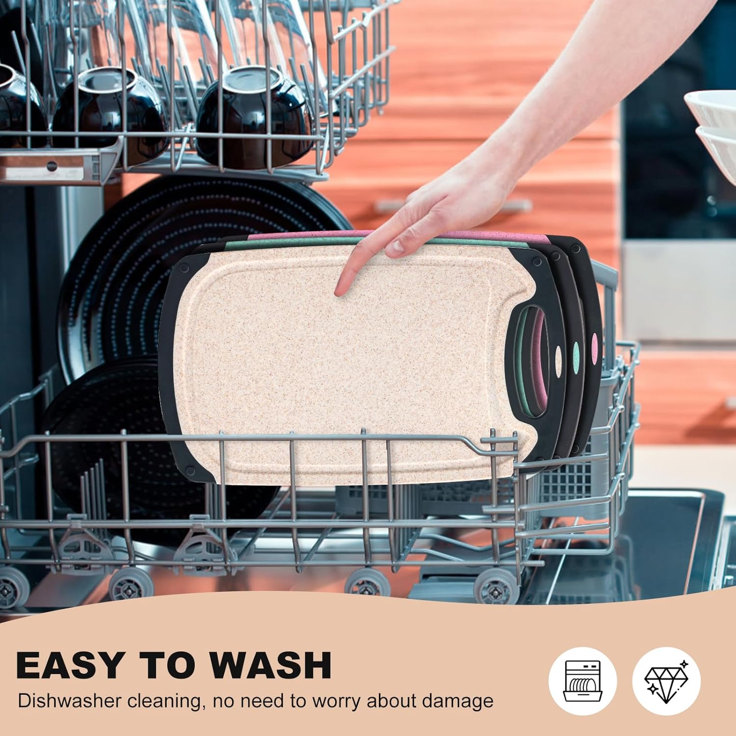 Kitchen Cutting Board Set 3 Piece Wheat Straw Plastic Cutting Boards for Kitchen with Juice Grooves Easy Grip Handle Bpa Free Non Porous Non Slip Dishwasher Safe Chopping Board (Beige + Green + Pink)