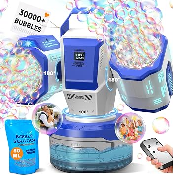 Rechargeable Bubble Machine with Remote Control 30,000 Bubbles/Min, Type-C, Auto 360 Rotation Bubble Blower with RGB Lights - Creates Magic for Kids Parties, Birthday, Weddings, Outdoor Events
