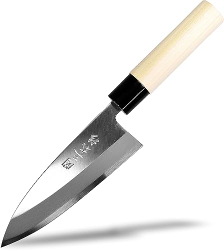 Seki Sanbonsugi - Cuchillo japonés Deba de 5.906 in (5.9 pulgadas), para zurdos, acero blanco de alto carbono, fabricado en Japón, mango de magnolia