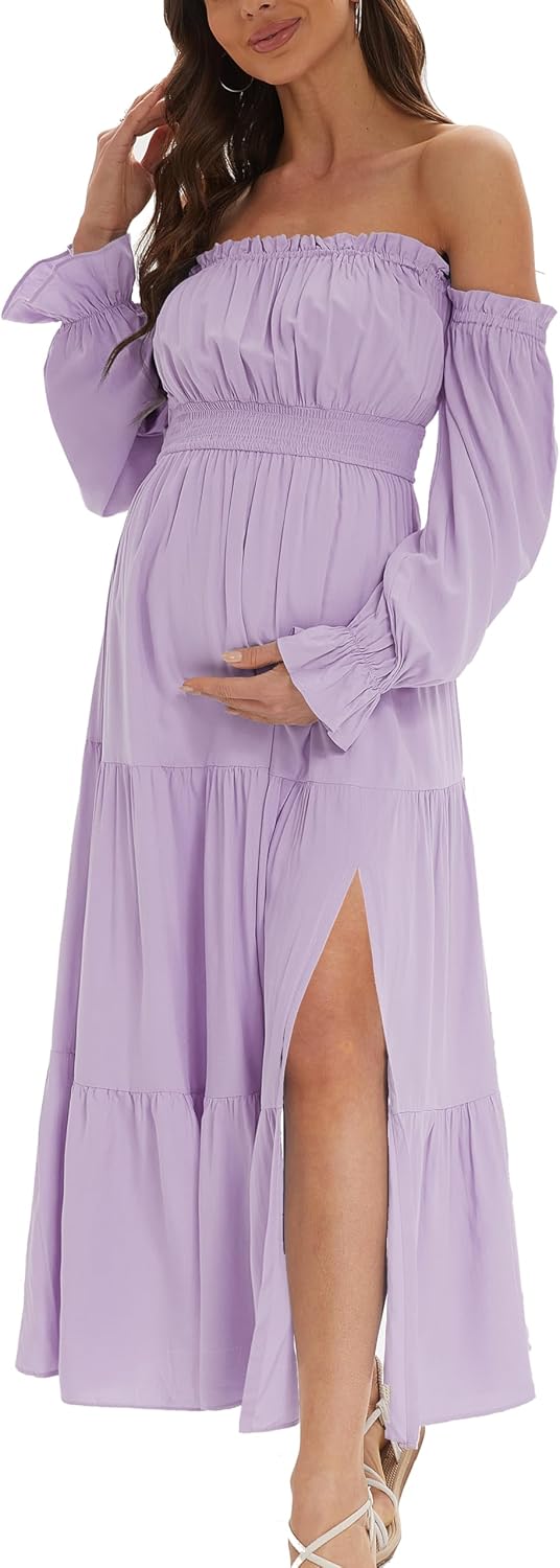 Summer Boho Off Shoulder Maternity Dresses, Long Sleeve Side Split Flowy Tiered Maxi Dress for Baby Shower Photoshoot Dress Lilac S