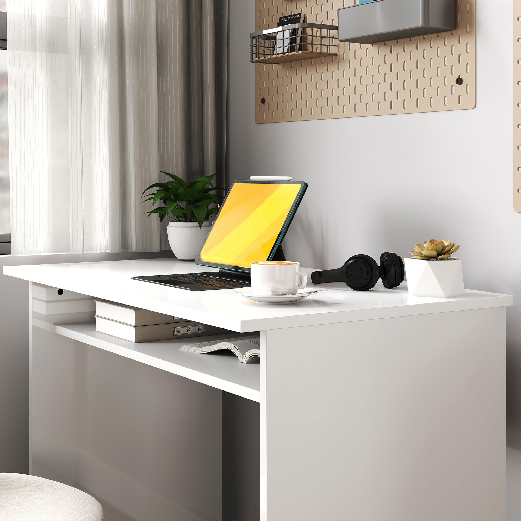 HOMCOM Bureau Informatique avec 1 Étagère 90l x 50P x 74H cm Blanc Laqué