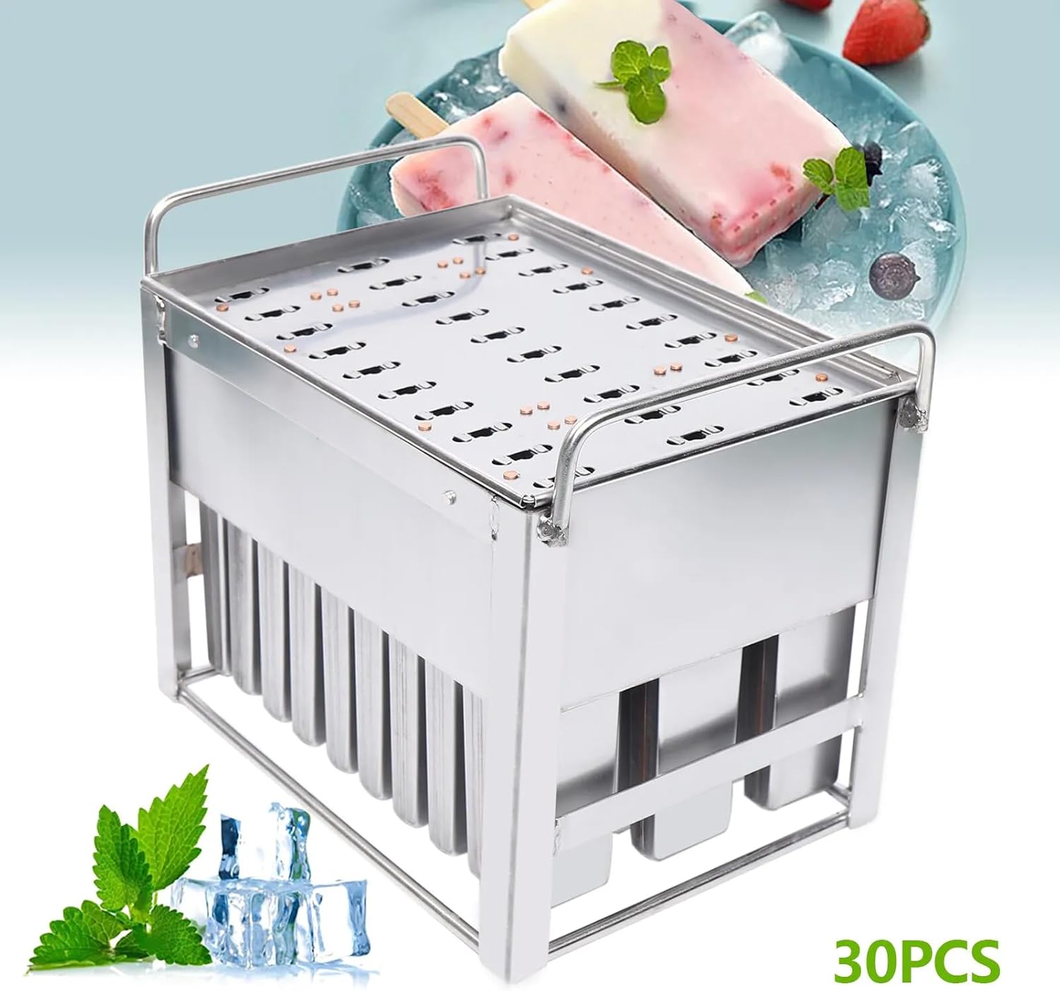 Commercial Popsicle Molds 30 Lattice Ice Cream Bars Mold Stainless Steel Frozen Ice Pop Molds with Ice Cream Sticks for Home and Retail