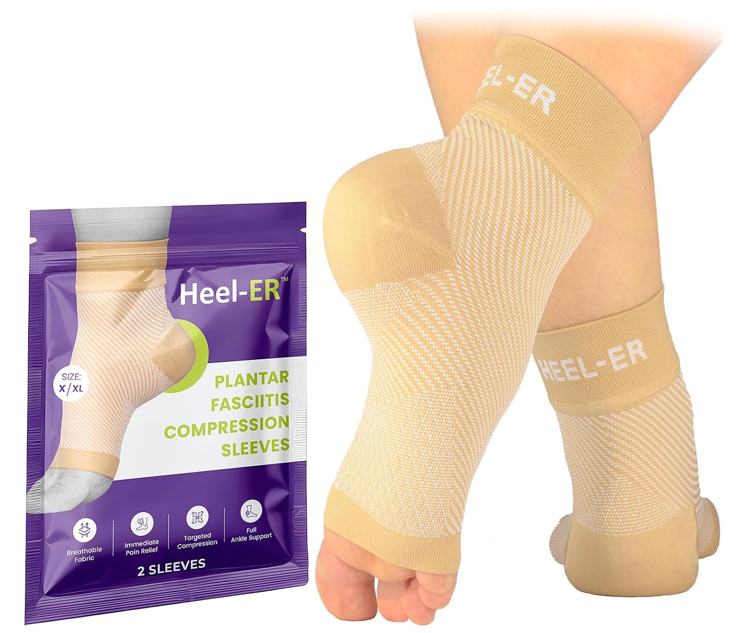 Heel-ER Plantar Fasciitis Compression Sleeves - Ankle Support Socks - Arch Brace for Heel Pain Relief, Spur, Sore Feet for Men & Women (Pair)