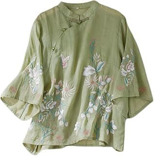 2025 - Camiseta de mujer con bordado de lino, holgada, delgada, manga corta, cubierta carne, estilo literario retro etno, blusa morada para mujer