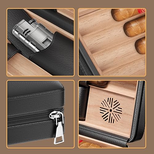 Miniatura 6 de Puffaland Caja de humidor de cigarros negro de cuero de viaje de madera de cedro con encendedor de cigarros y ponche de puros Luz
