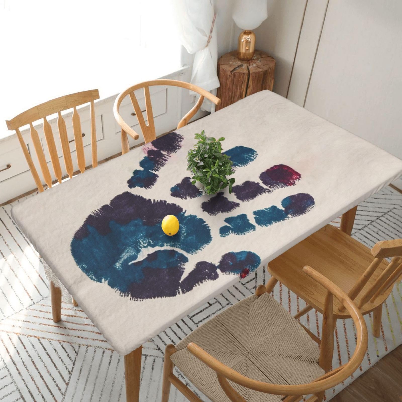 Xzeit Hand Print Rectangle Tablecloth Elastic Fitted Table Covers for 5 Ft Tables Stretch Table Cloths Outdoor Waterproof Table Cloth Cover for Picnic Camping Indoor Outdoor 30