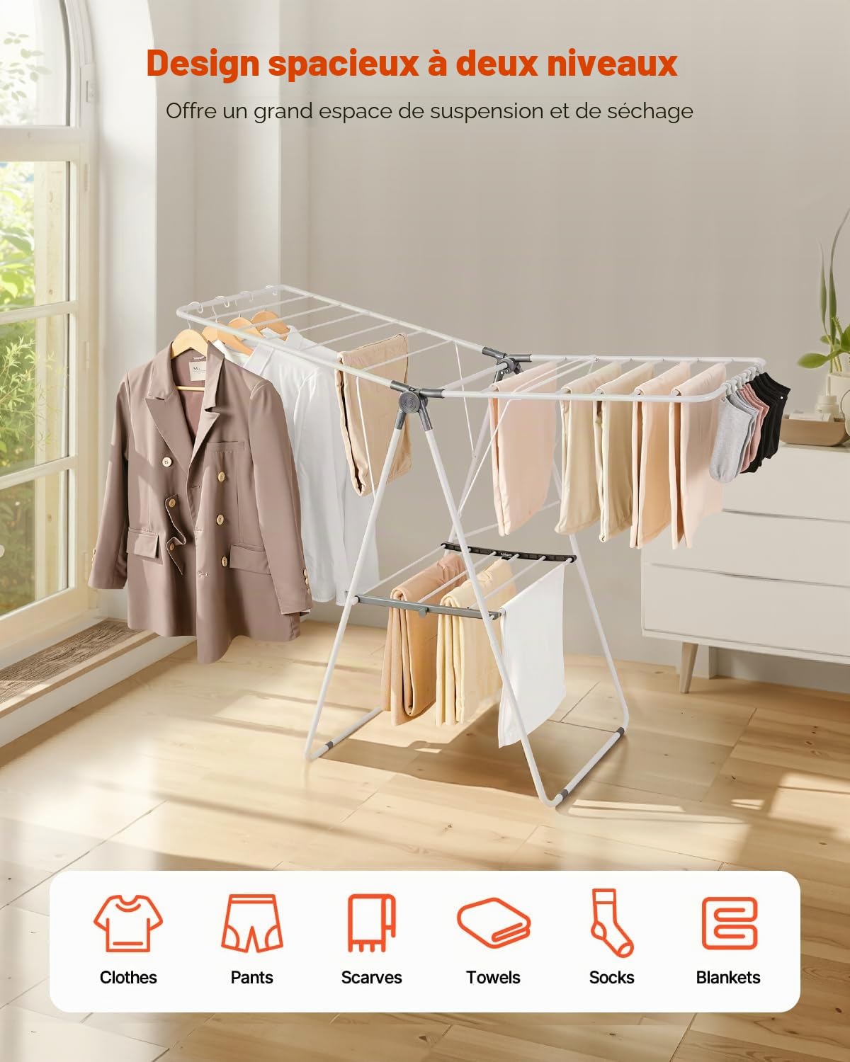 VEVOR Étendoir à Linge Pliable, Séchoir à Linge sur Pied à 2 Niveaux, avec Pinces à Chaussettes et 21 Barres de Séchage, en Métal, Stable, Réglable en Hauteur, pour Extérieur et Intérieur, Blanc
