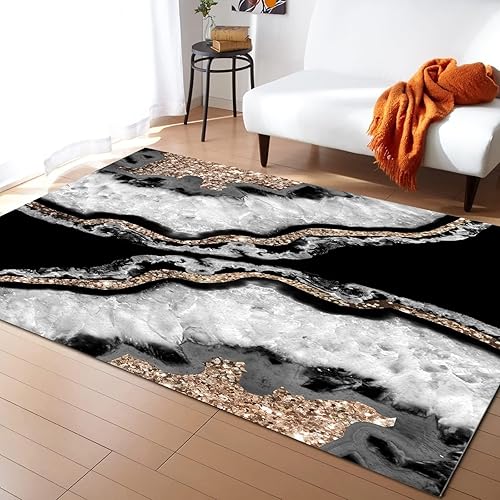 Alfombra de área de mármol gris negro y dorado, alfombra moderna con estampado de textura degradada, para habitación, sofá, sala de estar,