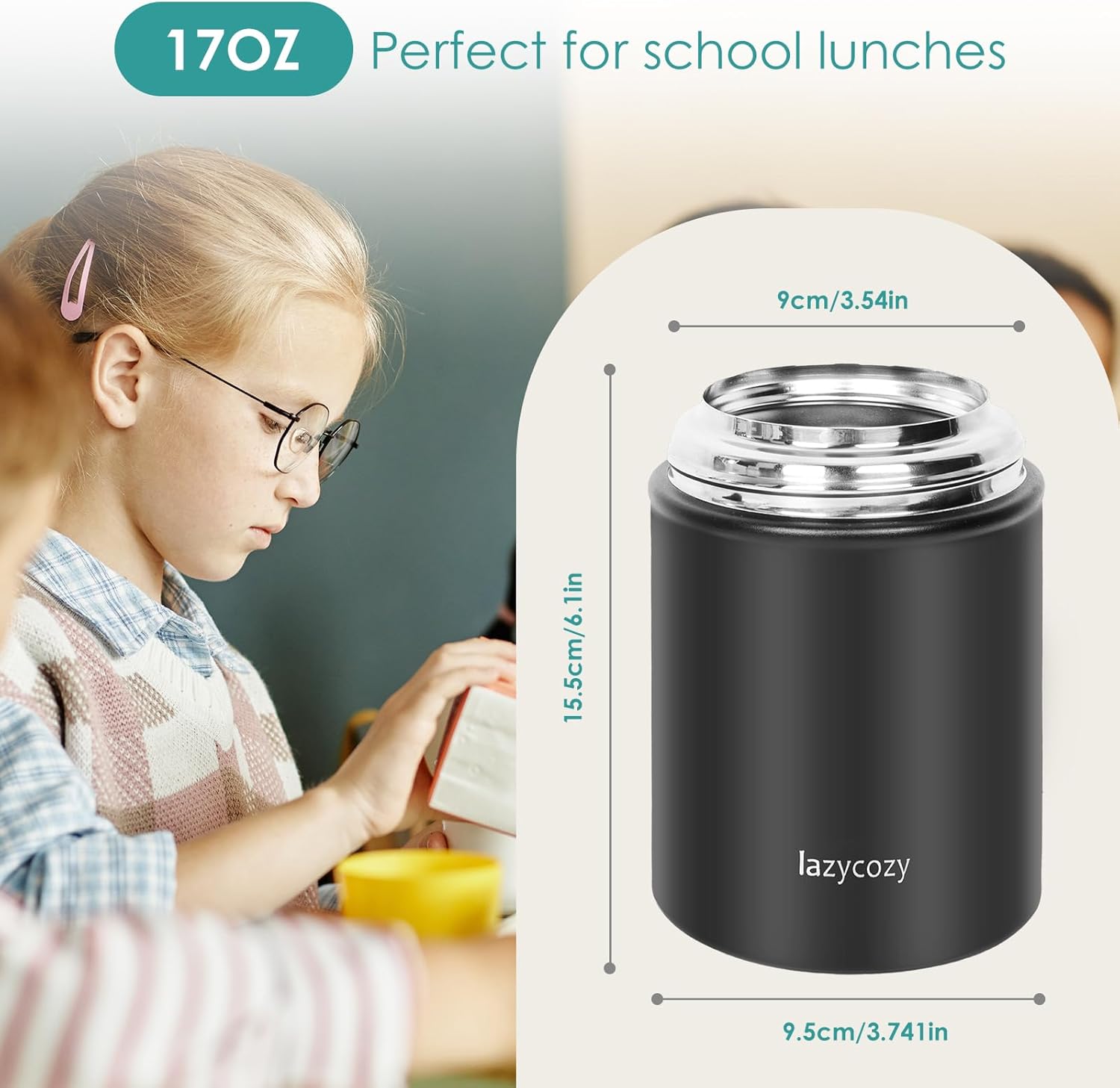 lazycozy® Thermos Food Containers for Hot Food, 17 oz, Soup Thermos with Foldable Spoon, Stainless Steel Vacuum Portable Insulated Food Jar, Leak-Proof, Keep Warm/Cold for 12 Hours, for Travel, Work - Image 2