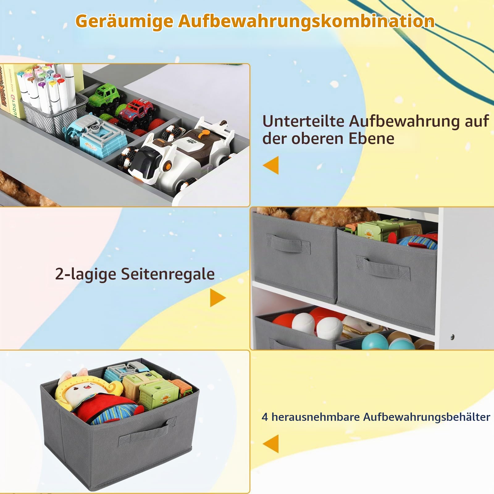 Clevich Kindertisch mit 2 Stühlen, Kindertisch mit Stauraum, Kinder Tisch Stuhl Set Holz,Maltisch Schreibtisch mit Papierrolle, 4 Aufbewahrungskiste,Kindersitzgruppe Kindertagesstätte,Grau