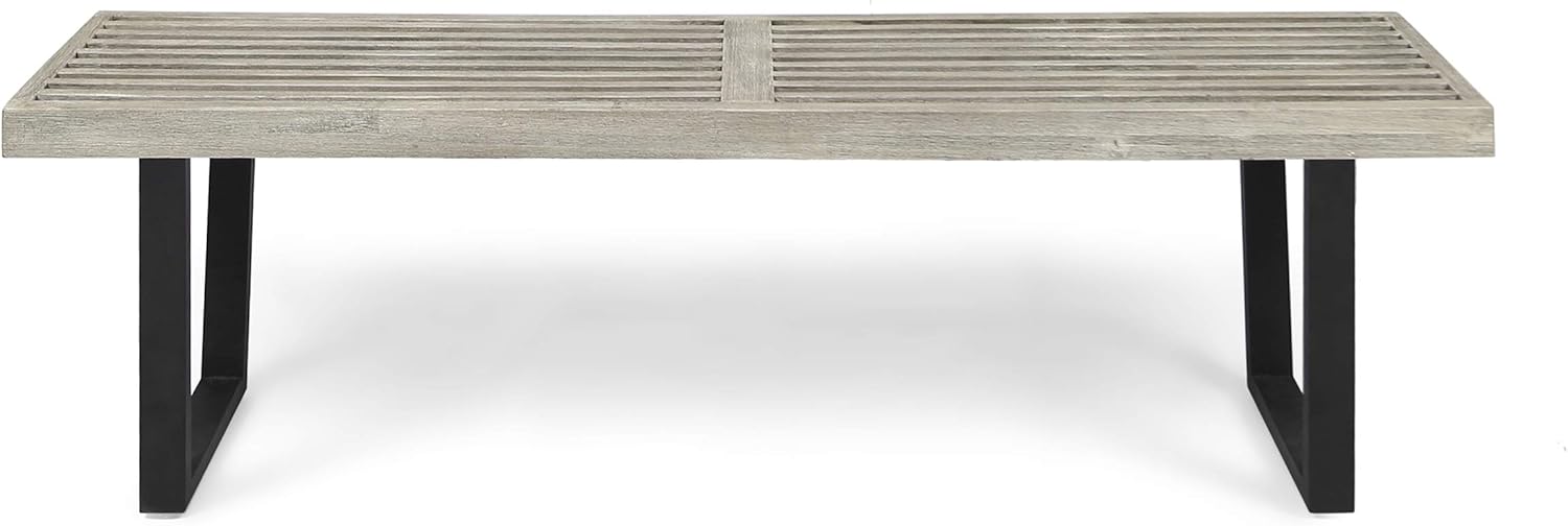 Merax 61.75" Acacia Wood Dining Bench with Iron Legs, Modern Indoor Outdoor Bench for Kitchen Table, Patio, Entryway, Teak and Black