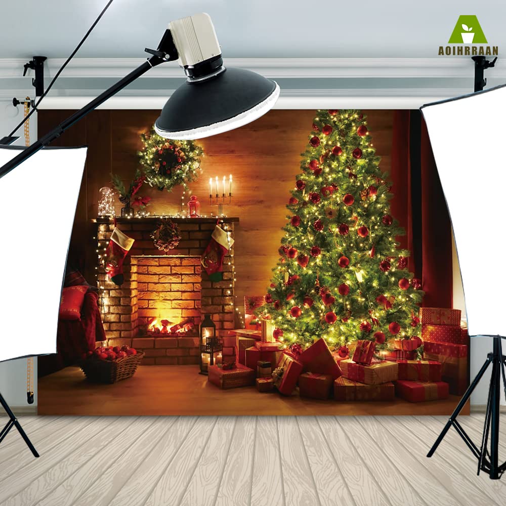 Aoihrraan 3x2m Sfondo di Natale Camino A Muro Mattoni Con Albero Natale Glitterato Sfondo Fotografico Baby Shower Felice Anno Nuovo Holiday Party Banner Ritratto Photo Studio Puntelli