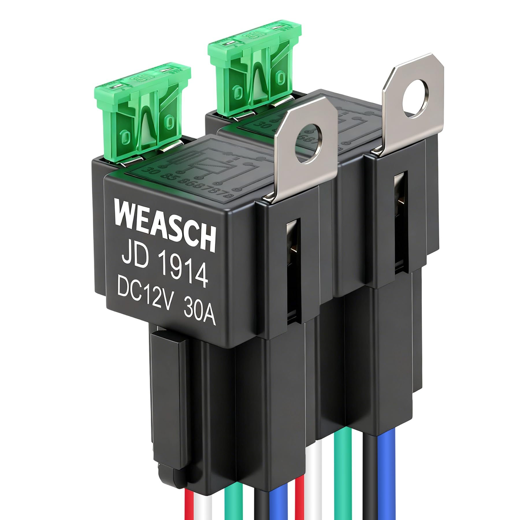 Zestaw 2 przełączników przekaźników bezpiecznikowych 12 V, bezpiecznik płaski 30 A ATO/ATC, 5-biegunowy SPDT, z kablem o wysokiej wydajności 14 AWG do samochodów osobowych