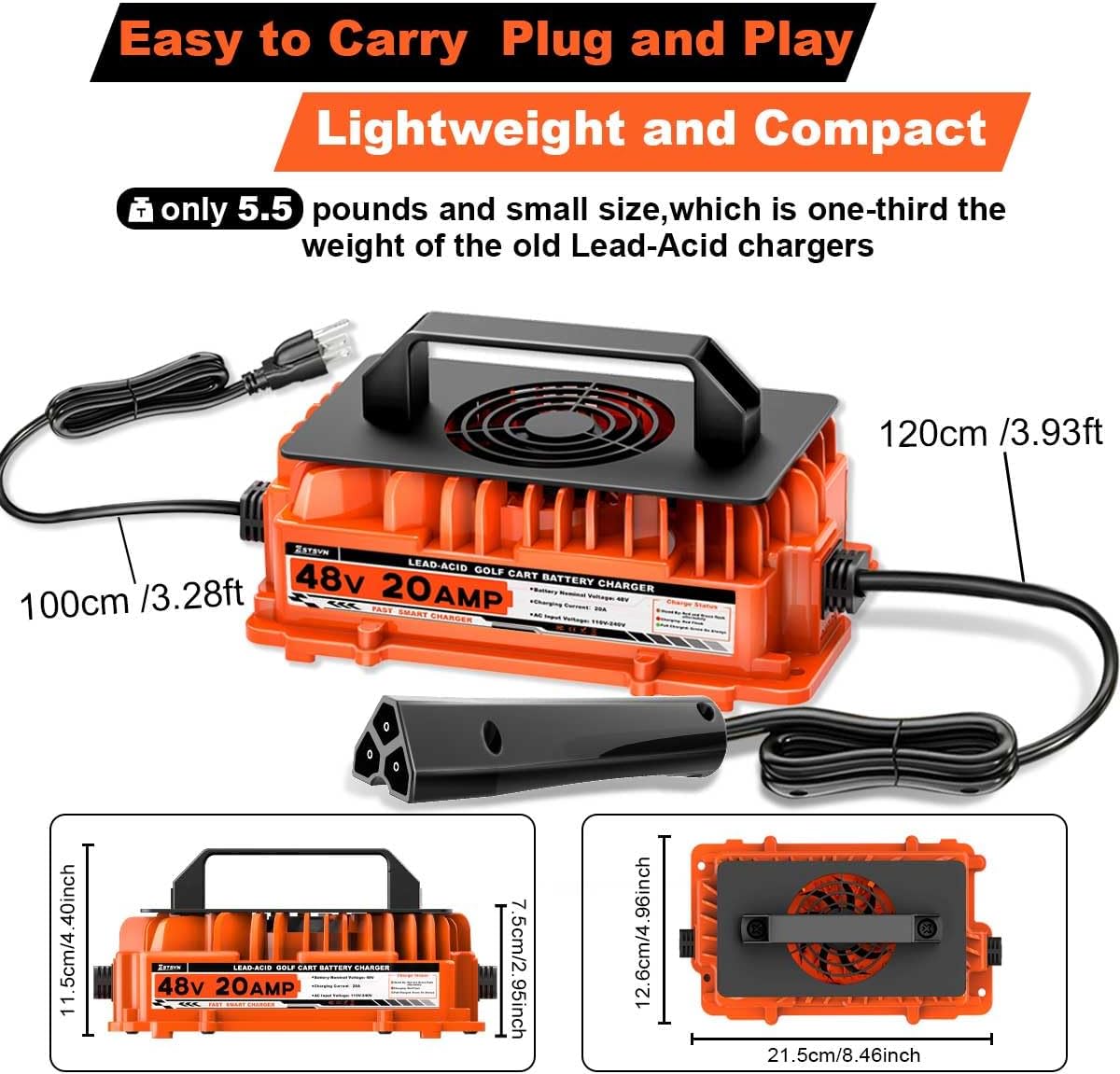 20 AMP 48 Volt Golf Cart Battery Charger for EZGO RXV & TXT 3-pin Triangular Plug 48V 20A 1250W Lead-Acid Battery Charger IP67 Waterproof